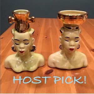 VINTAGE JOAN LEA AFRICAN LADY HEAD VASES CHARTREUSE GREEN LOT OF 2 NUBIAN